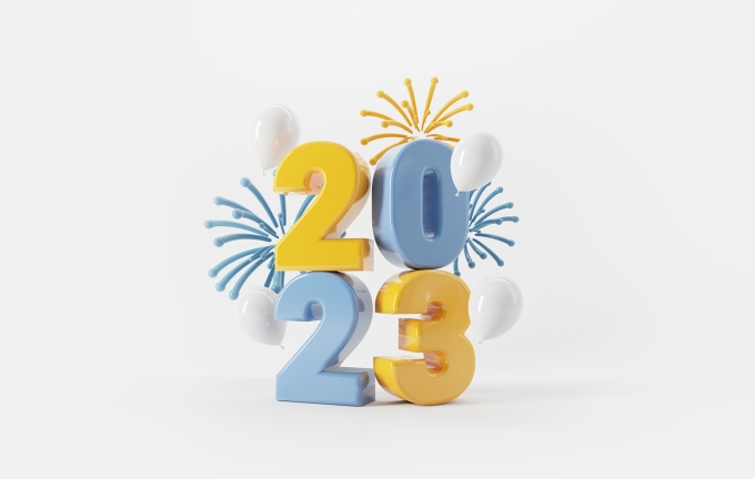 2023 3d text with fireworks and balloons on white background