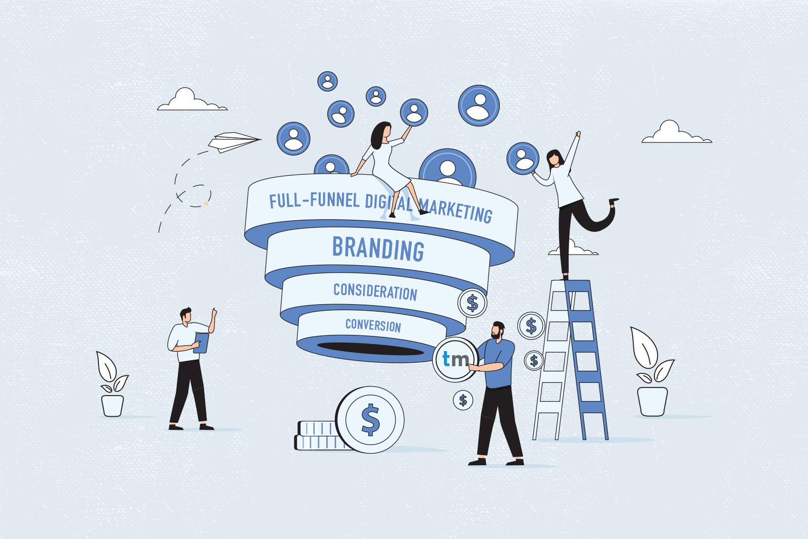 Cartoon Illustration of people using a Funnel of Digital Marketing to find customers and profit by putting profile icons into a funnel shape to produce coins.