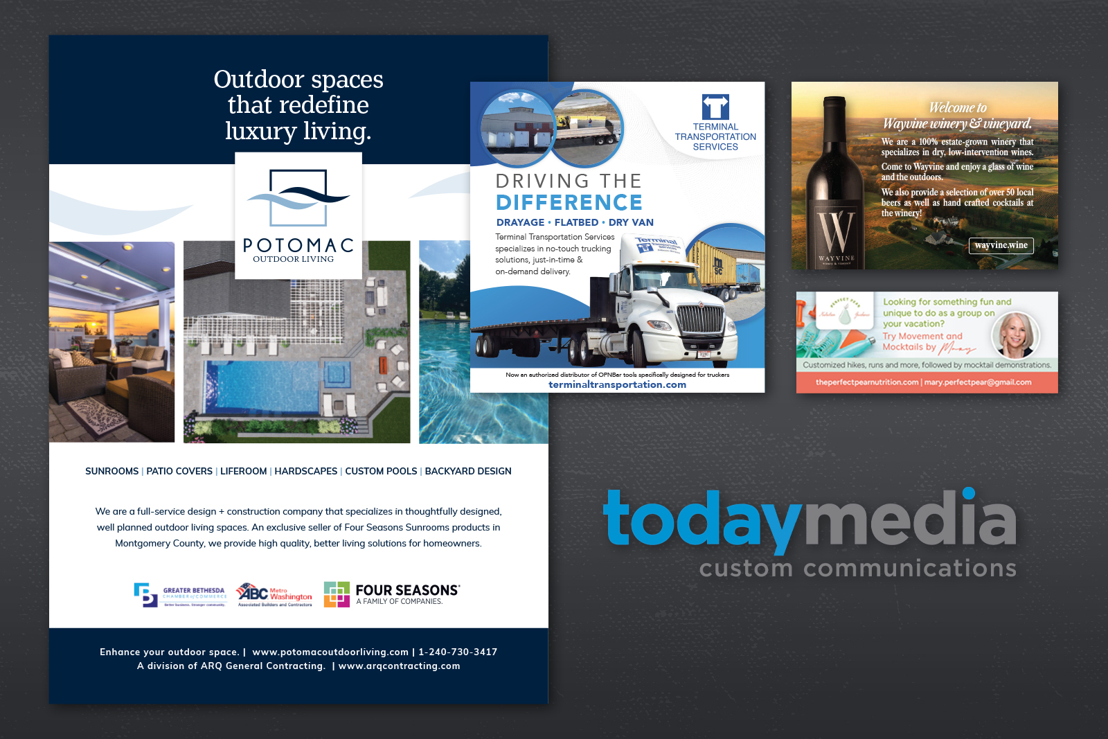 A series of four ads on a dark background, designed by TodayMedia Custom.