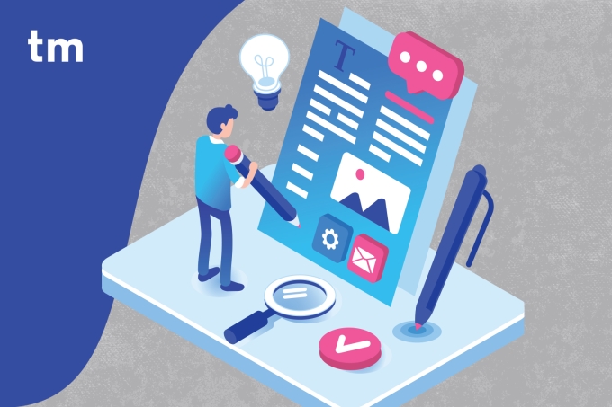 An illustration of a cartoon figure interacting with a series of symbolic content marketing tools including a pencil, magnifying glass, and mail and settings buttons of a content post.