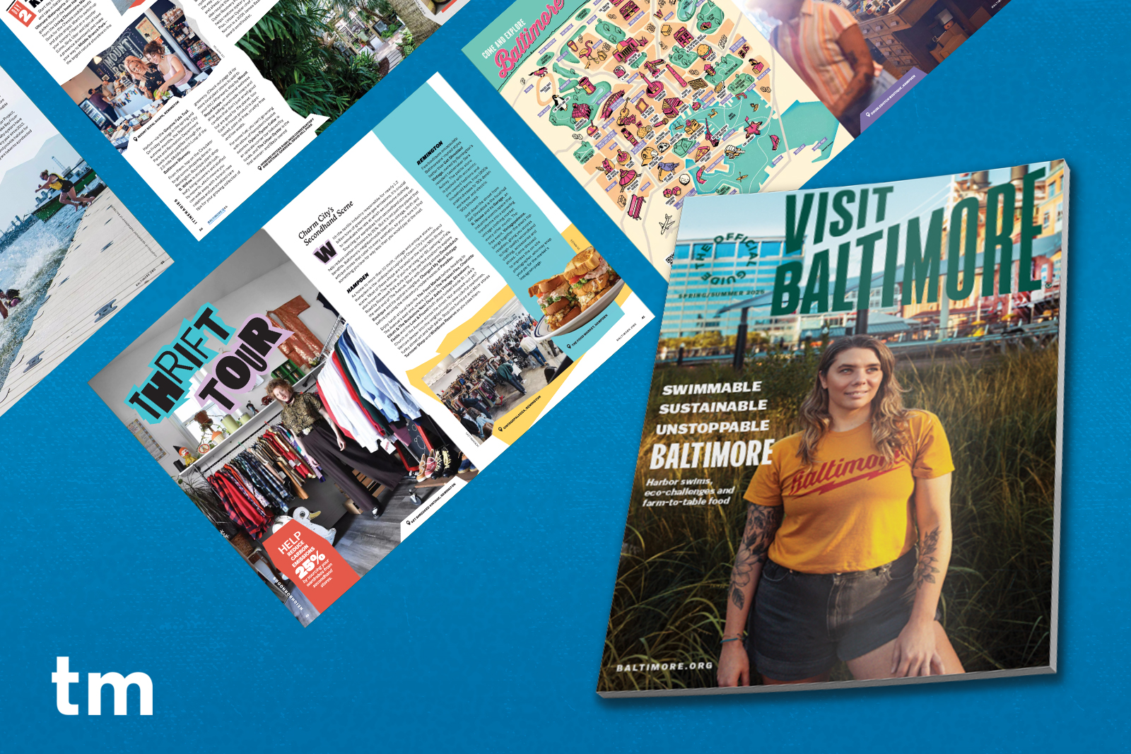 The cover and sample spreads from the Visit Baltimore Spring/Summer 2025 guide.