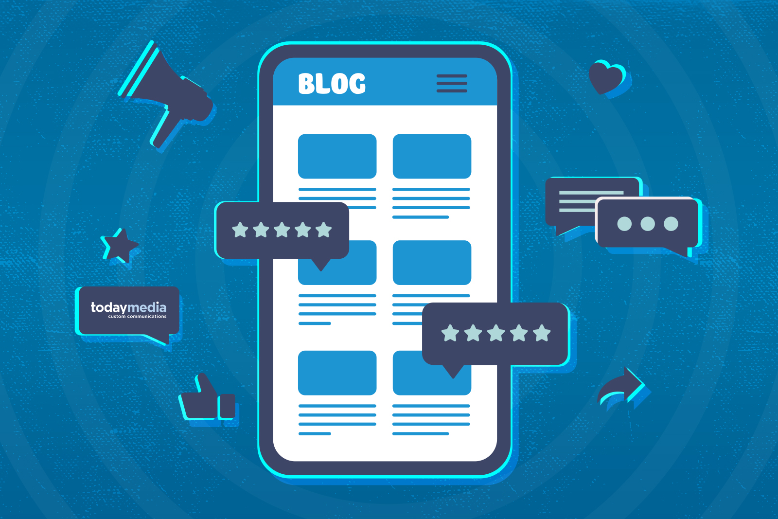 Illustration showing a smart phone open to a Blog template surrounded by speech bubbles and emojis