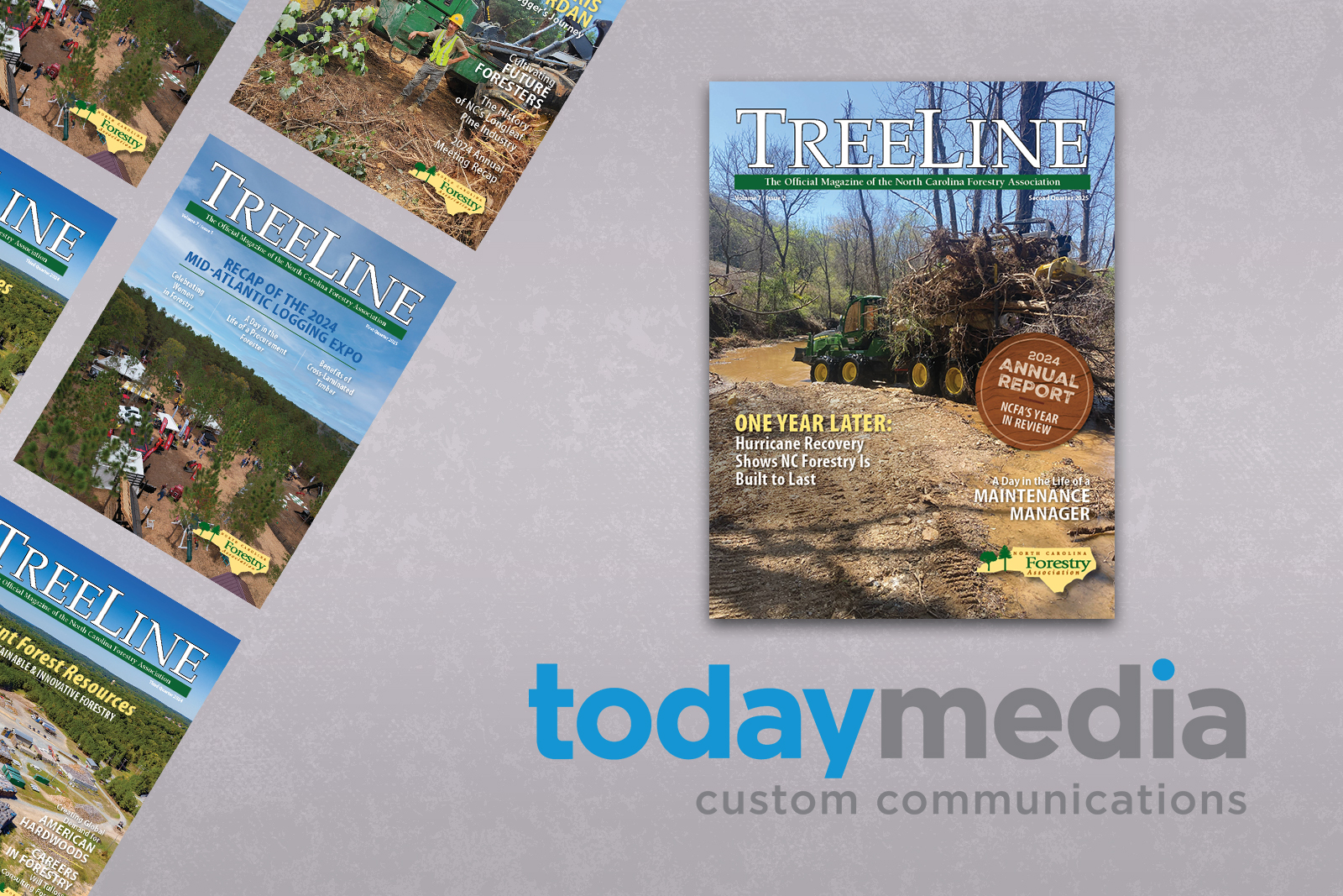 Illustration depicting several magazine covers from The North Carolina Forestry Association and below them the logo for Today Media Custom Communication.