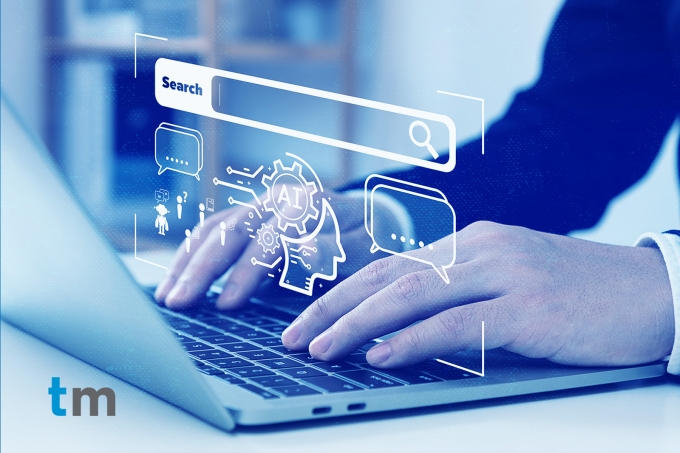 Businessman using laptop with a mock browser overlay showing connection to AI search tool