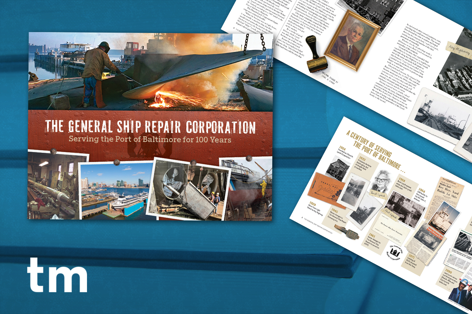 The cover of The General Ship Repair Corp. 100th Anniversary book, with 2 spreads of the inside layout.