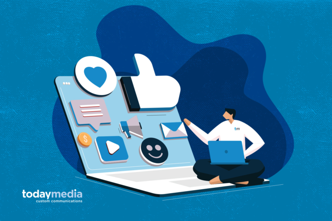 Illustration showing a person with a laptop sitting on a larger laptop choosing between icons of different social media content options.