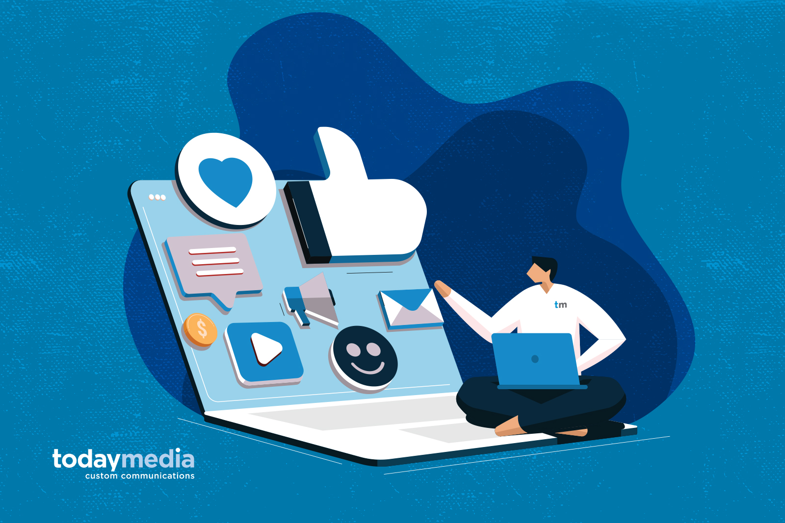 Illustration showing a person with a laptop sitting on a larger laptop choosing between icons of different social media content options.