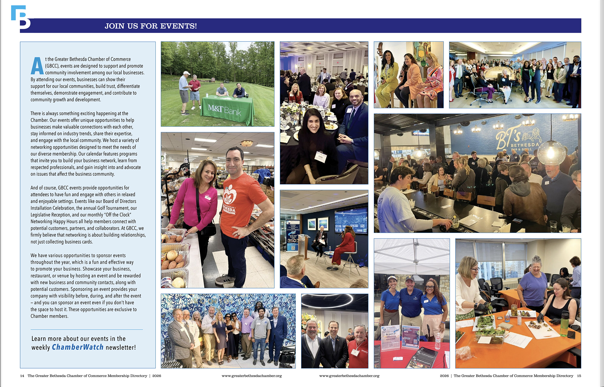 A spread from a magazine for The Greater Bethesda Chamber of Commerce depicting a series of photos from events of the chamber from the previous year.