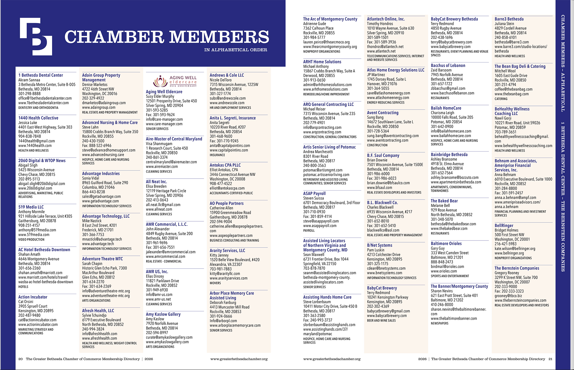 A spread from a magazine for The Greater Bethesda Chamber of Commerce depicting a listing of chamber members.