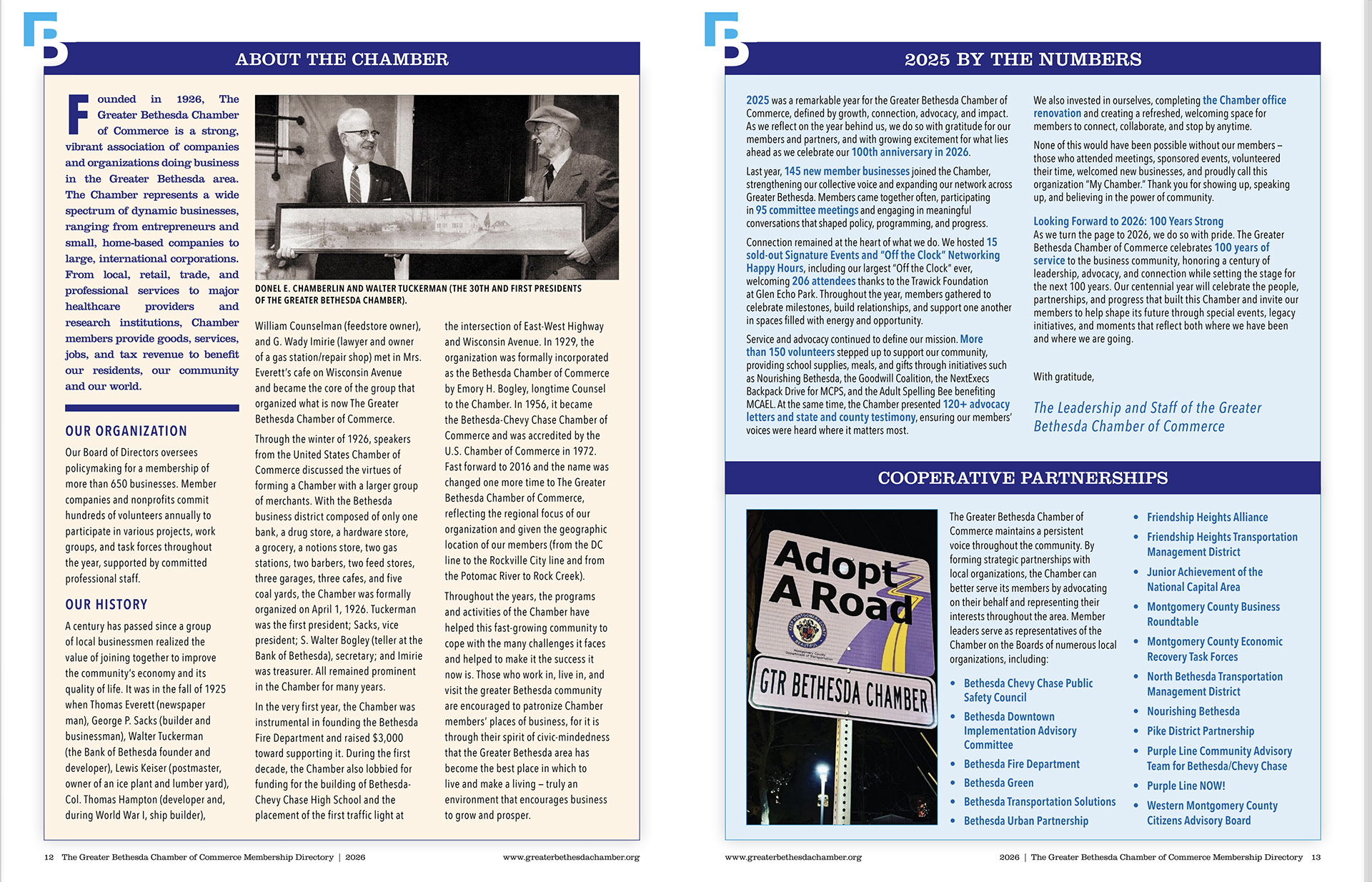 A spread from a magazine for The Greater Bethesda Chamber of Commerce depicting an article about the History of the chamber.